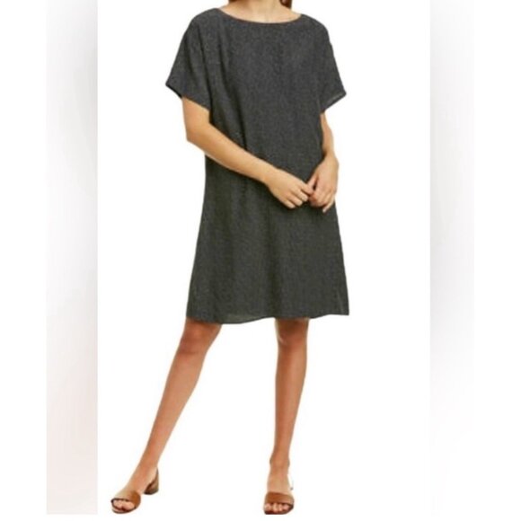 Eileen Fisher Women’s Morse Code Graphite Dress Size L  Minimalist Side Slit - Picture 1 of 9